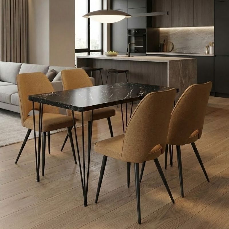 Σετ τραπεζαρία 5τμχ - Mdf - ύφασμα χρώμα μαύρο εφέ μαρμάρου - μουσταρδί