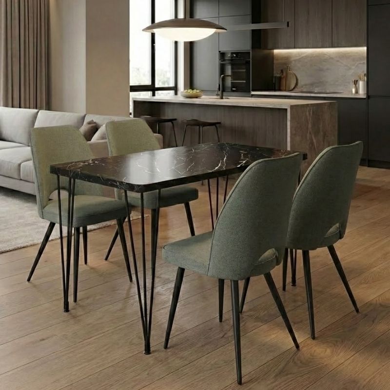 Σετ τραπεζαρία 5τμχ - Mdf - ύφασμα χρώμα μαύρο εφέ μαρμάρου - λαδί