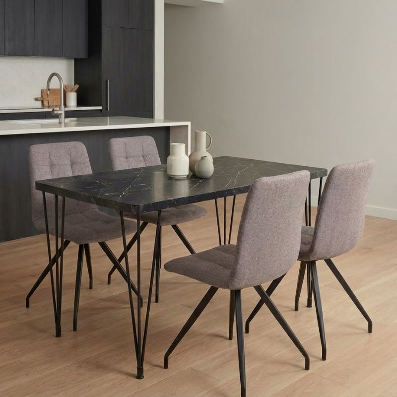 Σετ τραπεζαρία 5τμχ - Mdf - ύφασμα χρώμα μαύρο εφέ μαρμάρου - ανοιχτό μπεζ