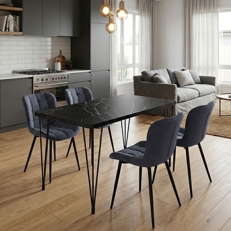 Σετ τραπεζαρία 5τμχ - Mdf - ύφασμα χρώμα μαύρο εφέ μαρμάρου - ανθρακί