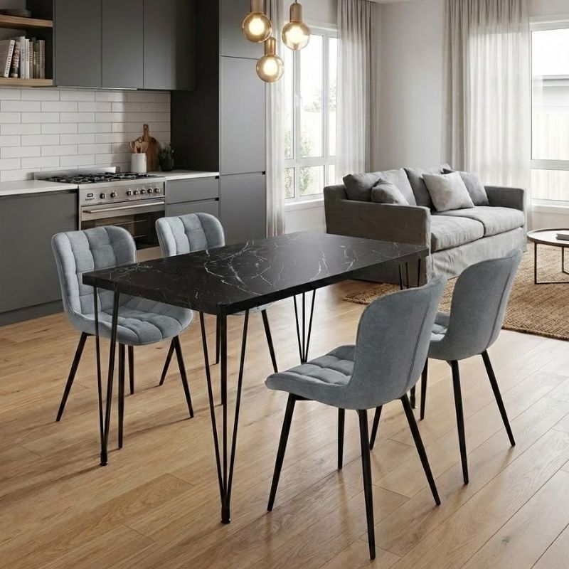 Σετ τραπεζαρία 5τμχ - Mdf - ύφασμα χρώμα μαύρο εφέ μαρμάρου - γκρι