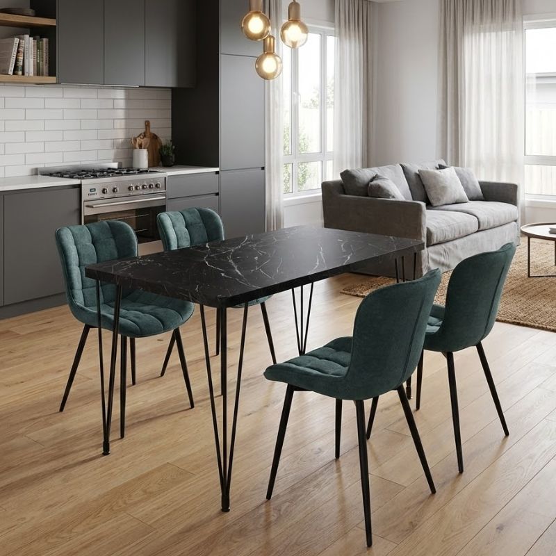 Σετ τραπεζαρία 5τμχ - Mdf - ύφασμα χρώμα μαύρο εφέ μαρμάρου - πράσινο