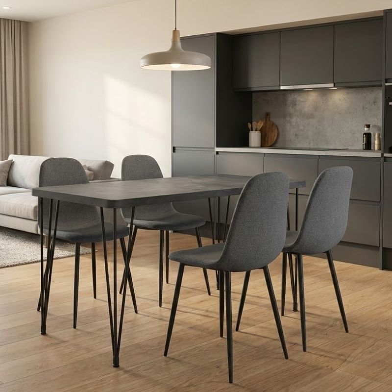 Σετ τραπεζαρία 5τμχ - Mdf - ύφασμα χρώμα σκούρο γκρι σκυροδέματος - γκρι