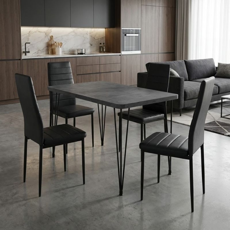 Σετ τραπεζαρία 5τμχ - Mdf - PU χρώμα σκούρο γκρι σκυροδέματος - μαύρο