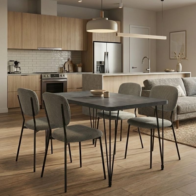 Σετ τραπεζαρία 5τμχ - Mdf - ύφασμα χρώμα σκούρο γκρι σκυροδέματος - λαδί