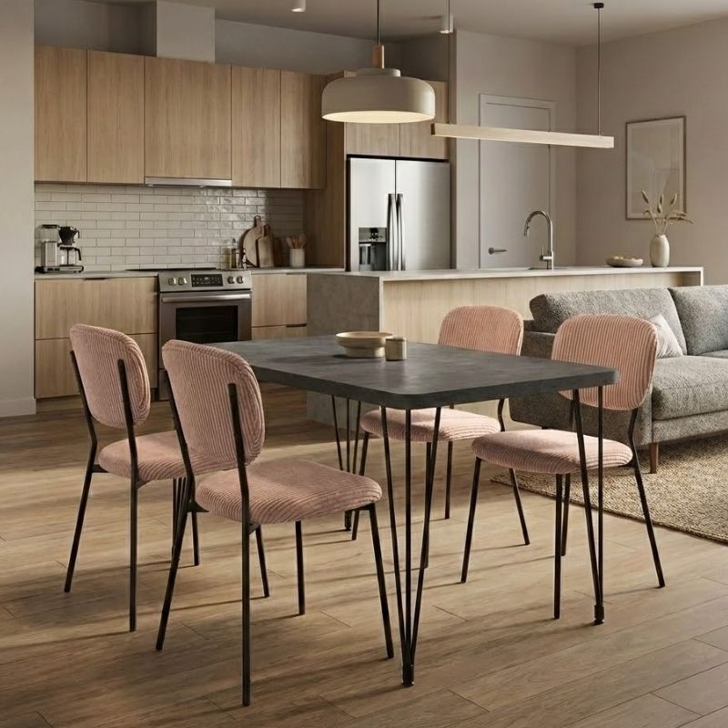 Σετ τραπεζαρία 5τμχ - Mdf - ύφασμα χρώμα σκούρο γκρι σκυροδέματος - μόκα