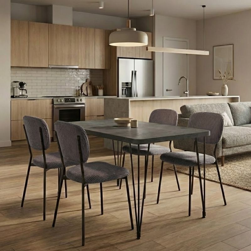 Σετ τραπεζαρία 5τμχ - Mdf - ύφασμα χρώμα σκούρο γκρι σκυροδέματος - γκρι