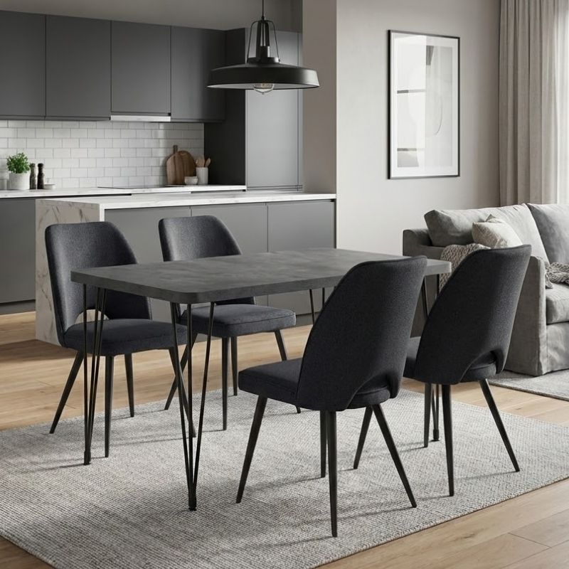 Σετ τραπεζαρία 5τμχ - Mdf - ύφασμα χρώμα σκούρο γκρι σκυροδέματος - ανθρακί