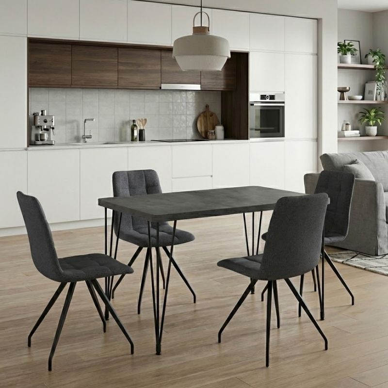 Σετ τραπεζαρία 5τμχ - Mdf - ύφασμα χρώμα σκούρο γκρι σκυροδέματος - γκρι