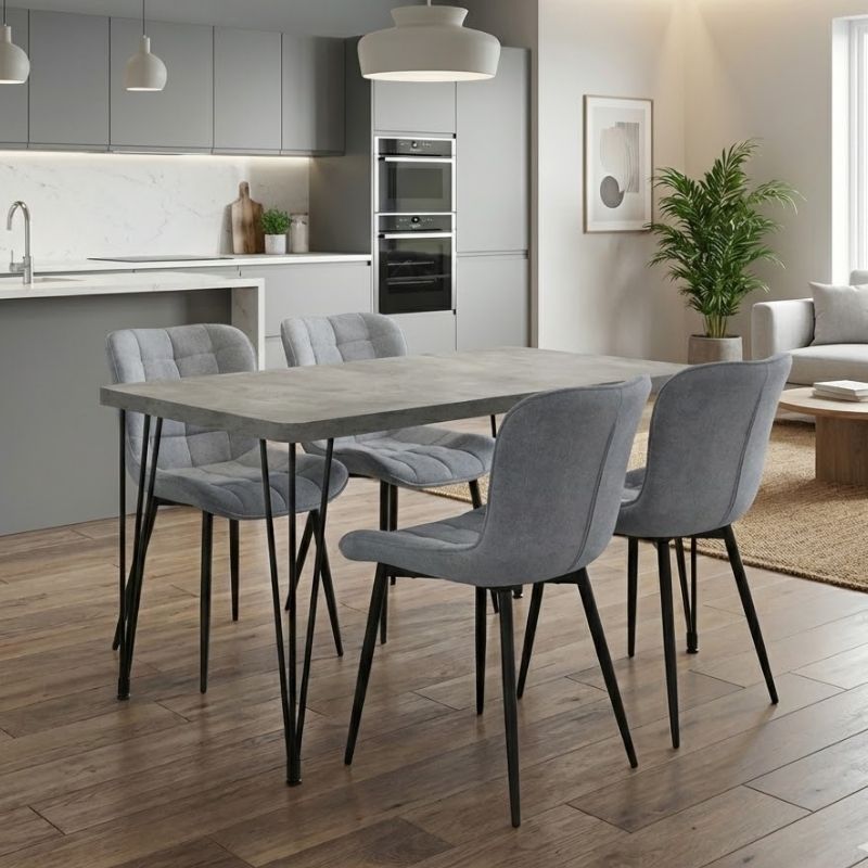 Σετ τραπεζαρία 5τμχ - Mdf - ύφασμα χρώμα σκούρο γκρι σκυροδέματος - γκρι