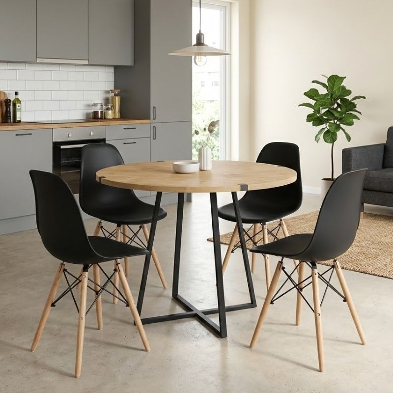 Σετ τραπεζαρία 5τμχ - χρώμα φυσικό οξιάς - μαύρο Ø100x78εκ.