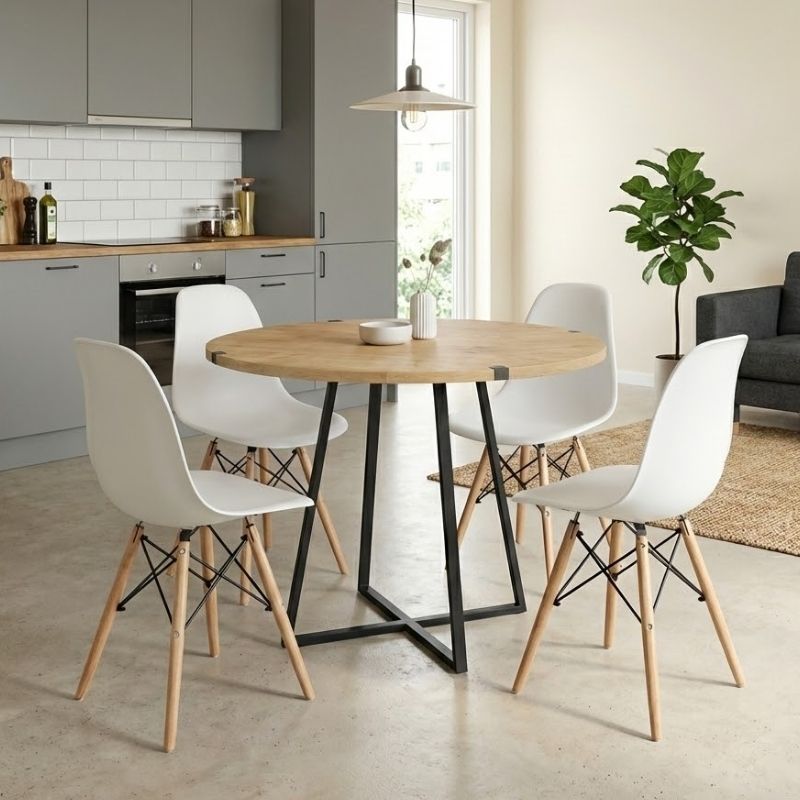 Σετ τραπεζαρία 5τμχ - χρώμα φυσικό οξιάς - λευκό Ø100x78εκ.