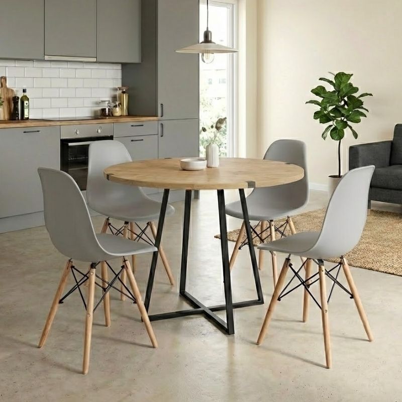 Σετ τραπεζαρία 5τμχ - χρώμα φυσικό οξιάς - γκρι Ø100x78εκ.