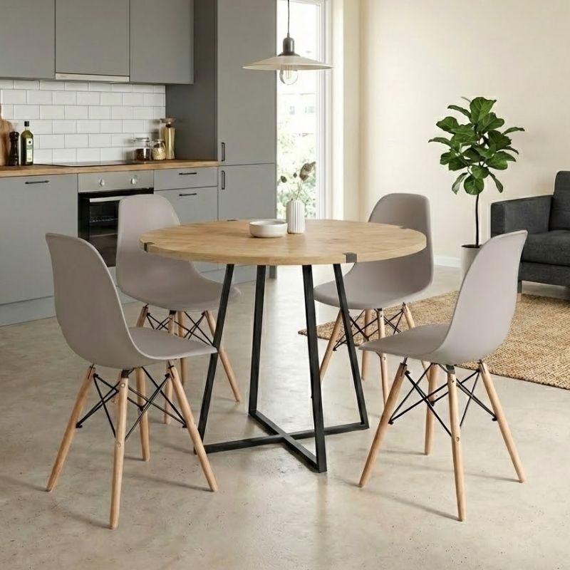 Σετ τραπεζαρία 5τμχ - χρώμα φυσικό οξιάς - cappuccino Ø100x78εκ.