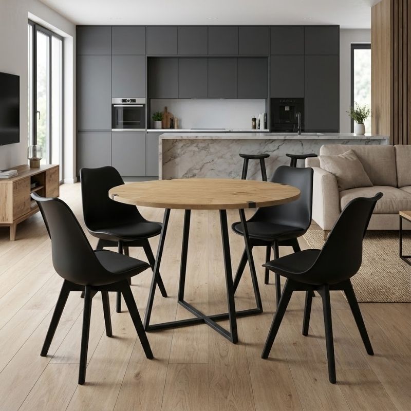 Σετ τραπεζαρία 5τμχ - χρώμα φυσικό οξιάς - μαύρο Ø100x78εκ.