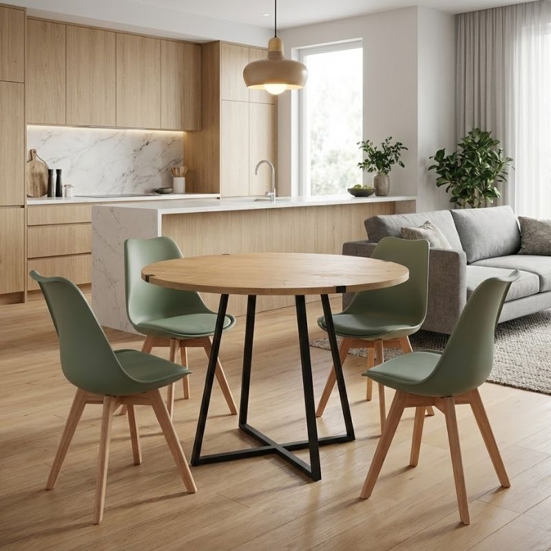 Σετ τραπεζαρία 5τμχ - χρώμα φυσικό οξιάς - φυστικί Ø100x78εκ.