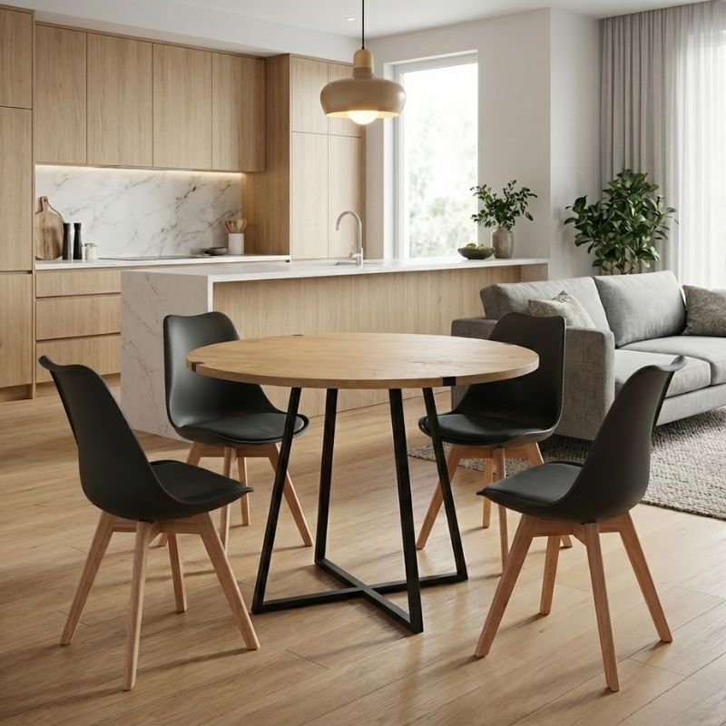 Σετ τραπεζαρία 5τμχ - χρώμα φυσικό οξιάς - μαύρο Ø100x78εκ.