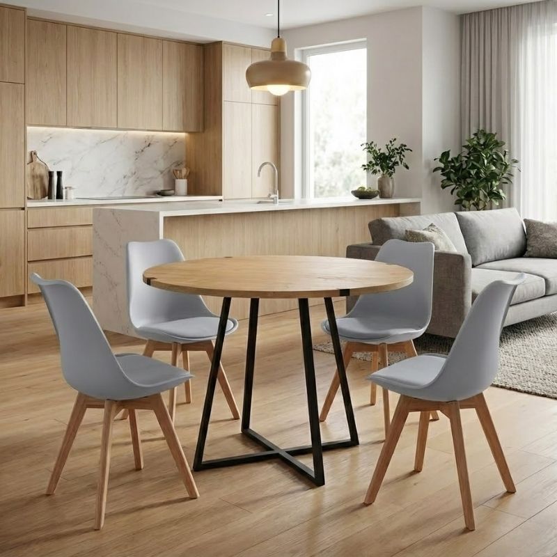 Σετ τραπεζαρία 5τμχ - χρώμα φυσικό οξιάς - γκρι Ø100x78εκ.