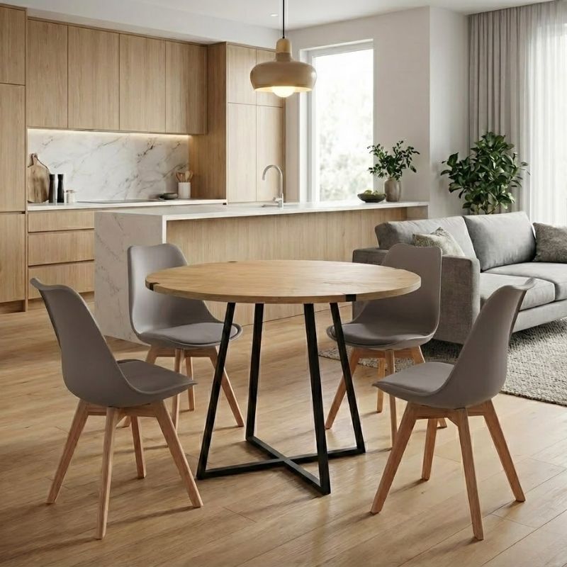 Σετ τραπεζαρία 5τμχ - χρώμα φυσικό οξιάς - cappuccino Ø100x78εκ.