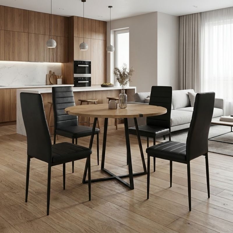 Σετ τραπεζαρία 5τμχ - χρώμα φυσικό οξιάς - μαύρο Ø100x78εκ.