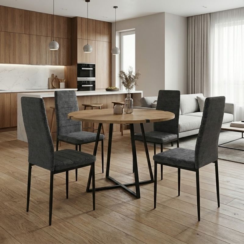 Σετ τραπεζαρία 5τμχ - χρώμα φυσικό οξιάς - γκρι Ø100x78εκ.