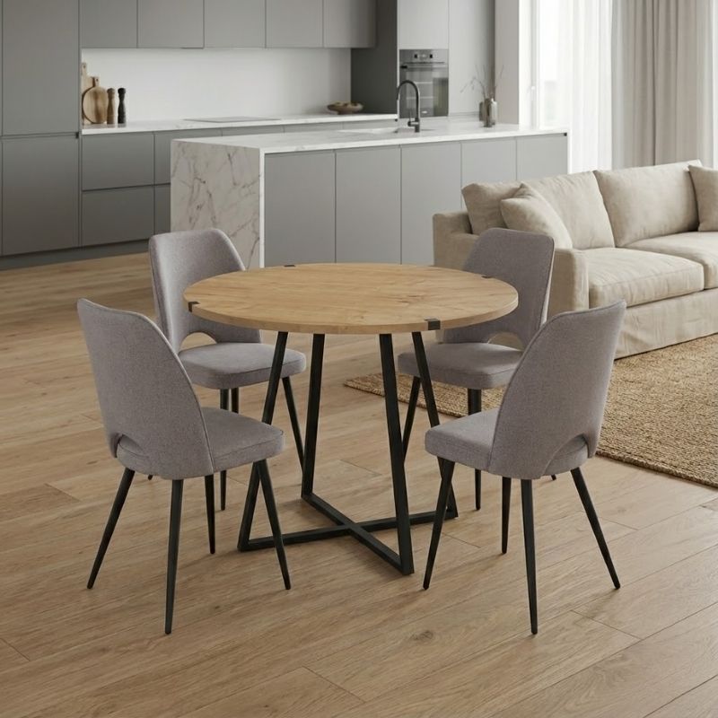 Σετ τραπεζαρία 5τμχ - χρώμα φυσικό οξιάς - ανοιχτό μπεζ Ø100x78εκ.