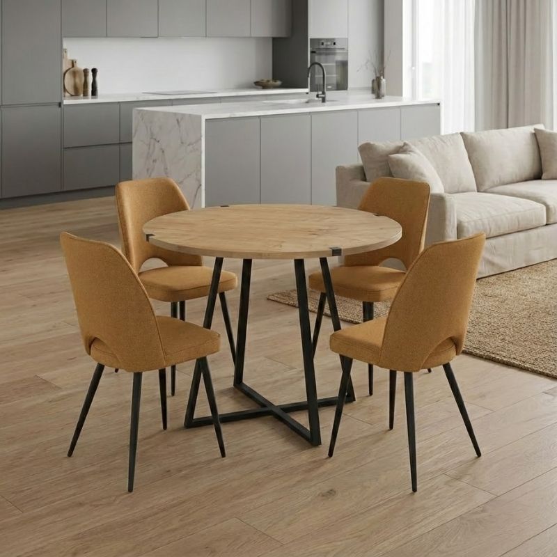 Σετ τραπεζαρία 5τμχ - χρώμα φυσικό οξιάς - μουσταρδί Ø100x78εκ.