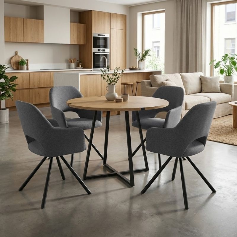 Σετ τραπεζαρία 5τμχ - χρώμα φυσικό οξιάς - γκρι Ø100x78εκ.