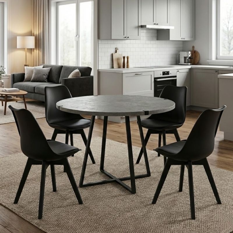 Σετ τραπεζαρία 5τμχ - χρώμα γκρι σκυροδέματος - μαύρο Ø100x78εκ.