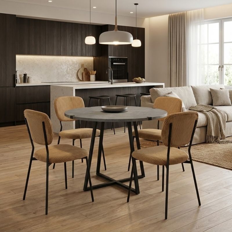 Σετ τραπεζαρία 5τμχ - χρώμα γκρι σκυροδέματος - μουσταρδί Ø100x78εκ.