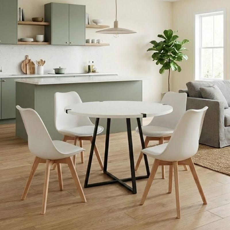 Σετ τραπεζαρία 5τμχ - χρώμα λευκό - λευκό/φυσικό πόδι Ø100x78εκ.